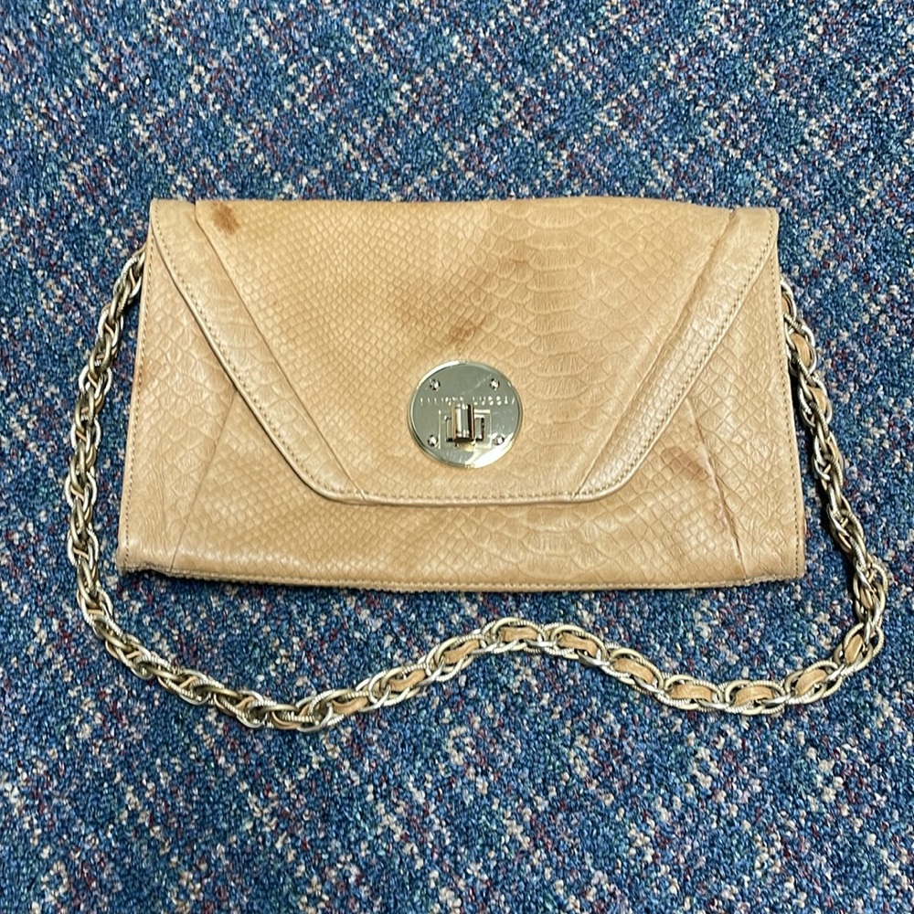 Preloved Elliott Lucca Cordoba Tan Snakeskin Embossed Leather Turnlock Shoulder